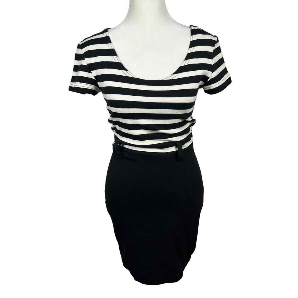 Vintage YES Black White Striped Colorblock Bodycon‎ Dress 90s Stretch Medium